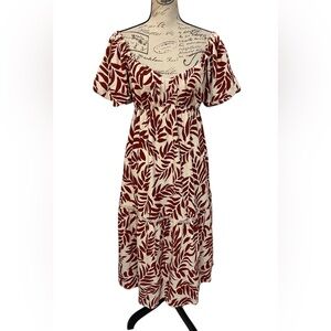 Lost + Wander Leaf Print Off Shoulder Midi Dress Smocked Back Pockets S